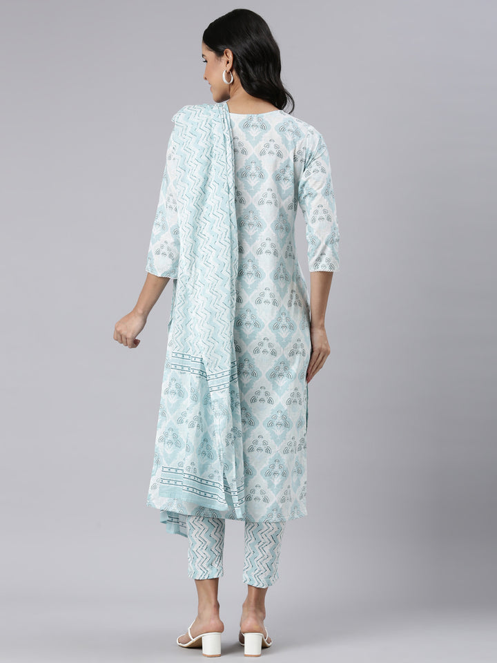 Neerus Blue Regular Straight Printed Kurta and Trousers With Dupatta