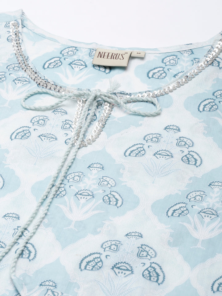 Neerus Blue Regular Straight Printed Kurta and Trousers With Dupatta