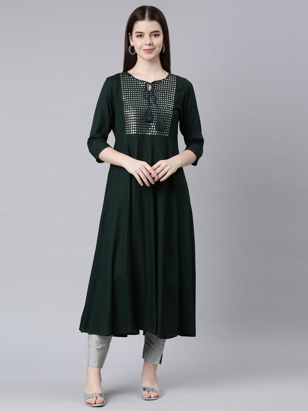 Neerus Green cotton solid anarkali kurta - front view
