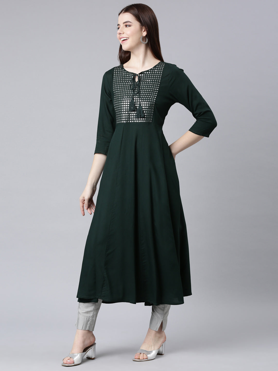 Neerus Green cotton solid anarkali kurta - back view