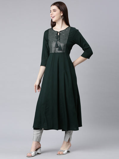 Neerus Green Straight Casual Solid Anarkali Kurtas