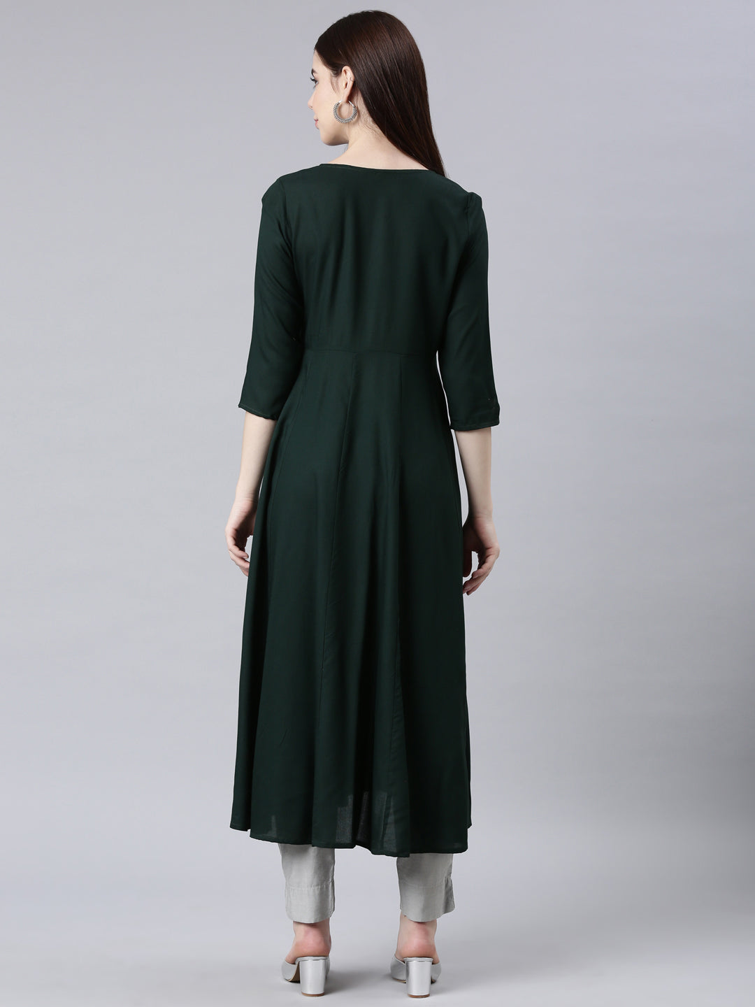 Neerus Green cotton solid anarkali kurta - side view