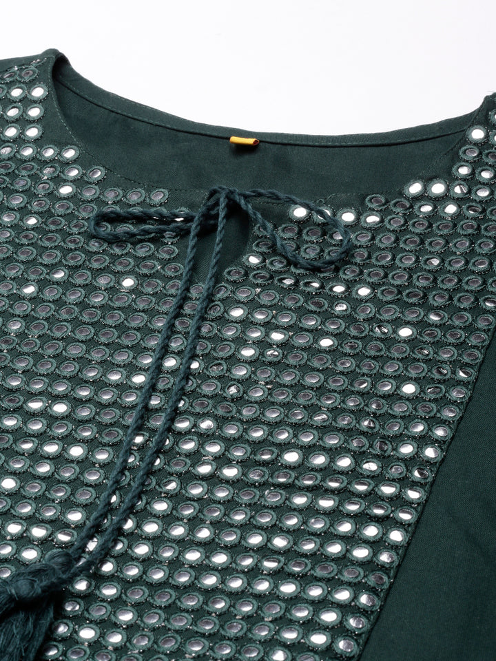 Neerus Green cotton solid anarkali kurta - detail view 1