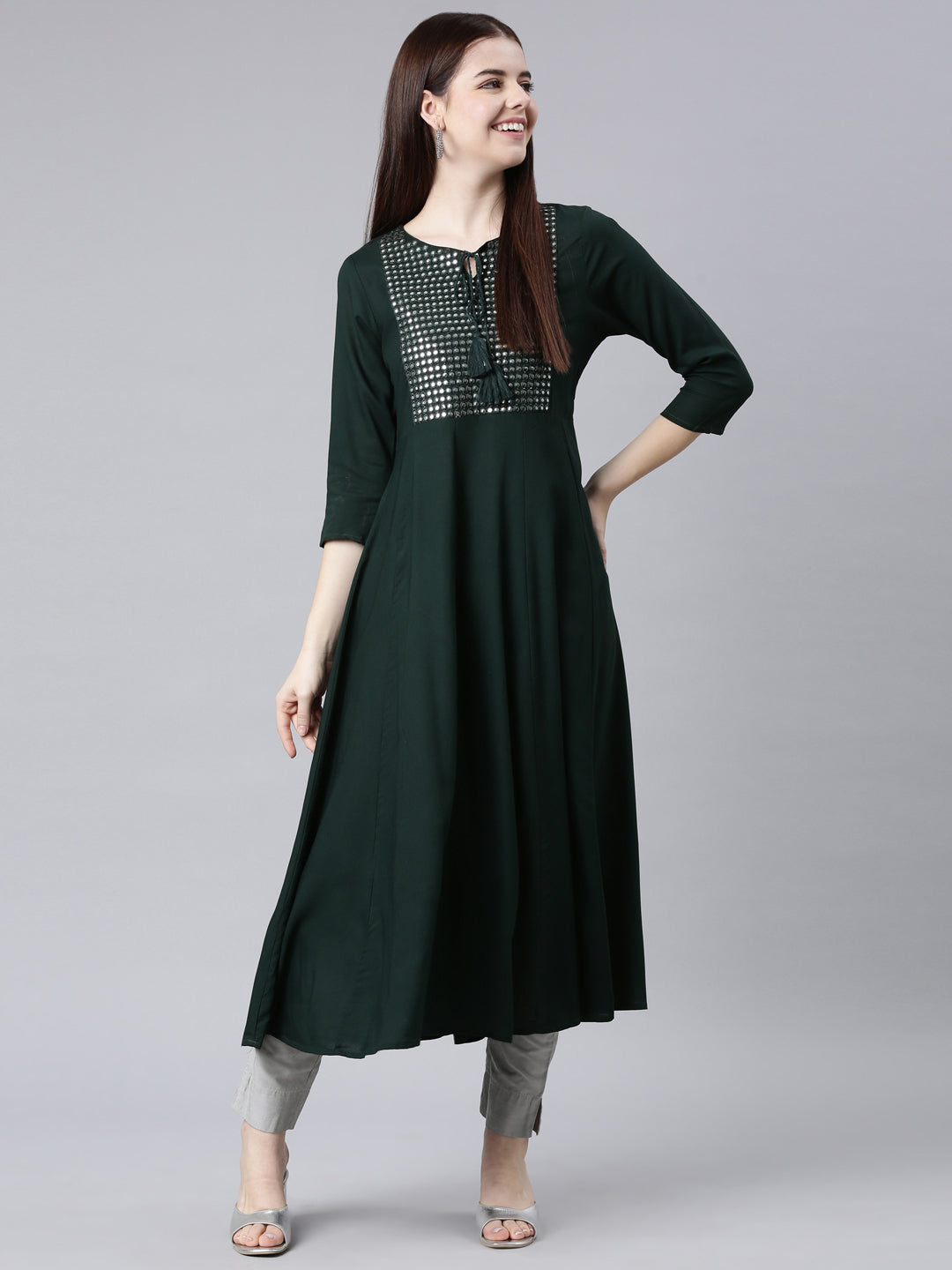 Neerus Green cotton solid anarkali kurta - detail view 2