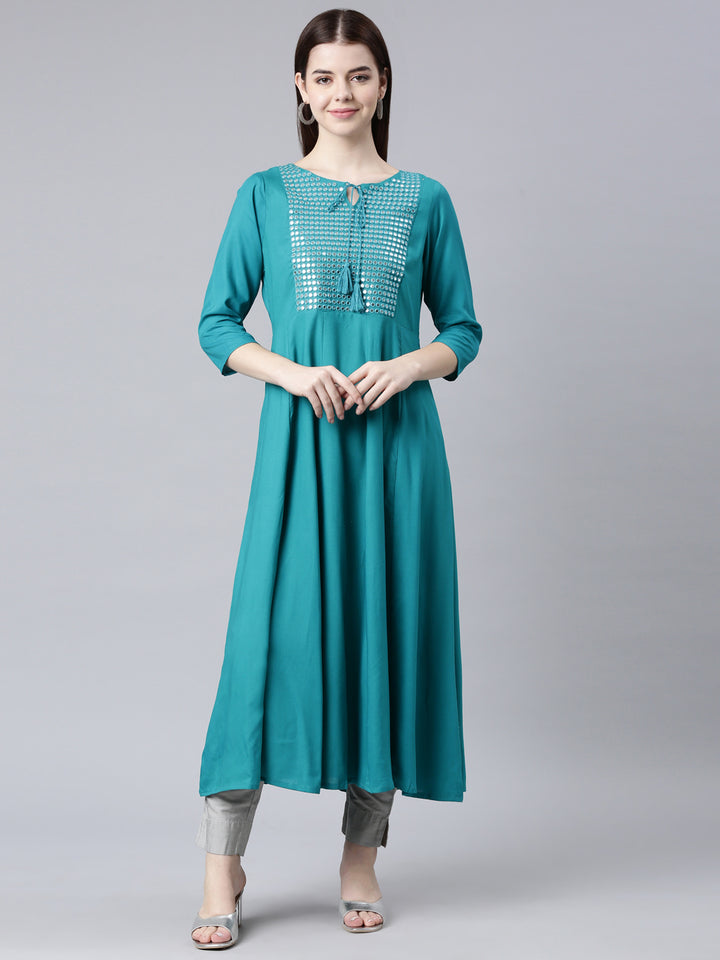 Neerus Green cotton solid anarkali kurta - front view