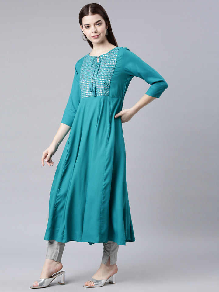 Neerus Green cotton solid anarkali kurta - back view
