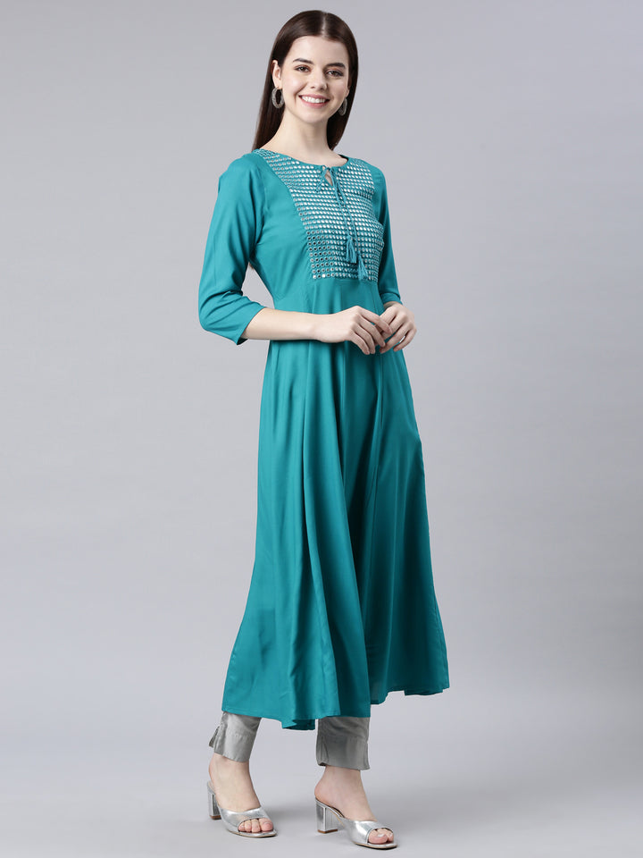 Neerus Green cotton solid anarkali kurta - side view
