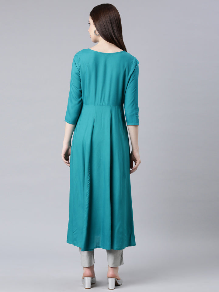 Neerus Green cotton solid anarkali kurta - detail view 1