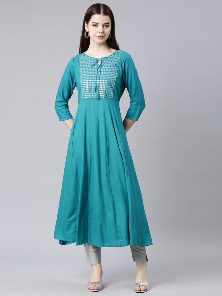 Neerus Green cotton solid anarkali kurta - detail view 4