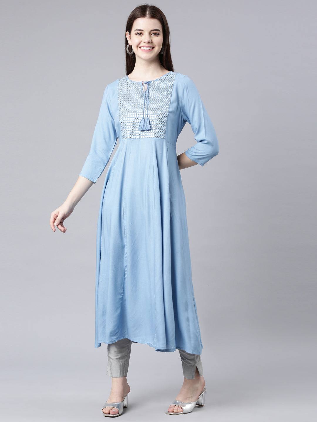 Neerus Blue anarkali kurta solid casual kurti - front view