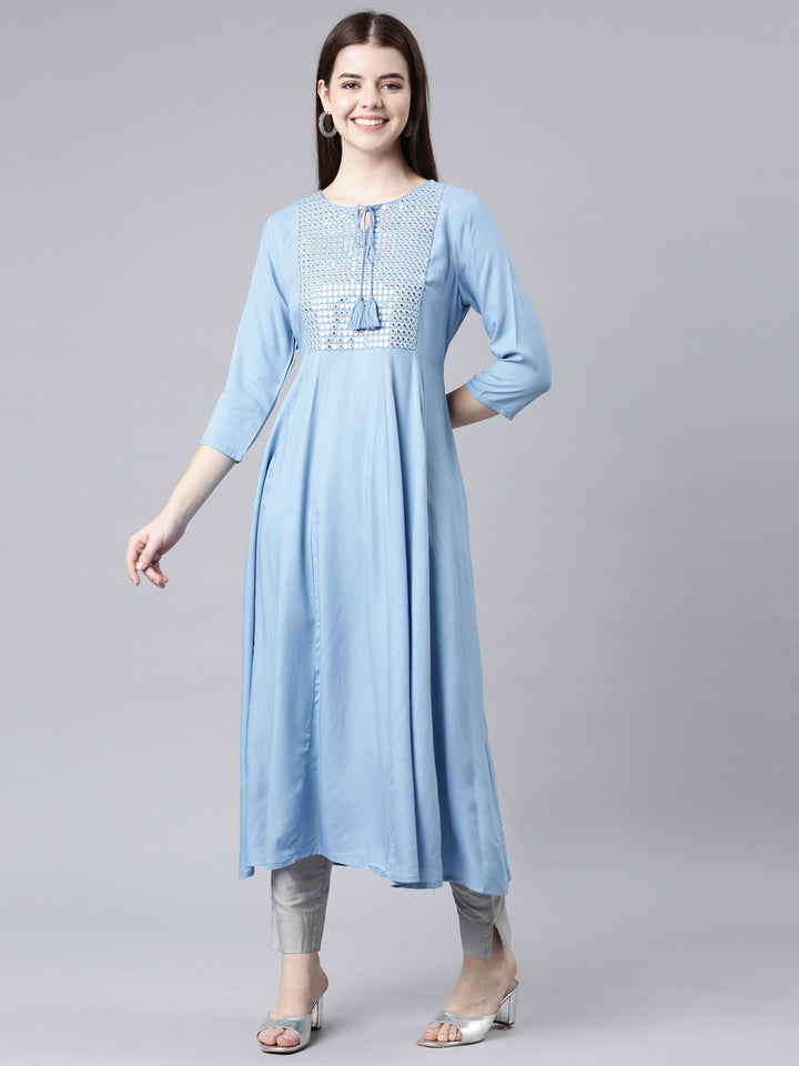 Neerus Blue anarkali kurta solid casual kurti - front view
