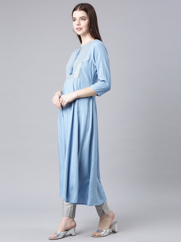 Neerus Blue anarkali kurta solid casual kurti - back view