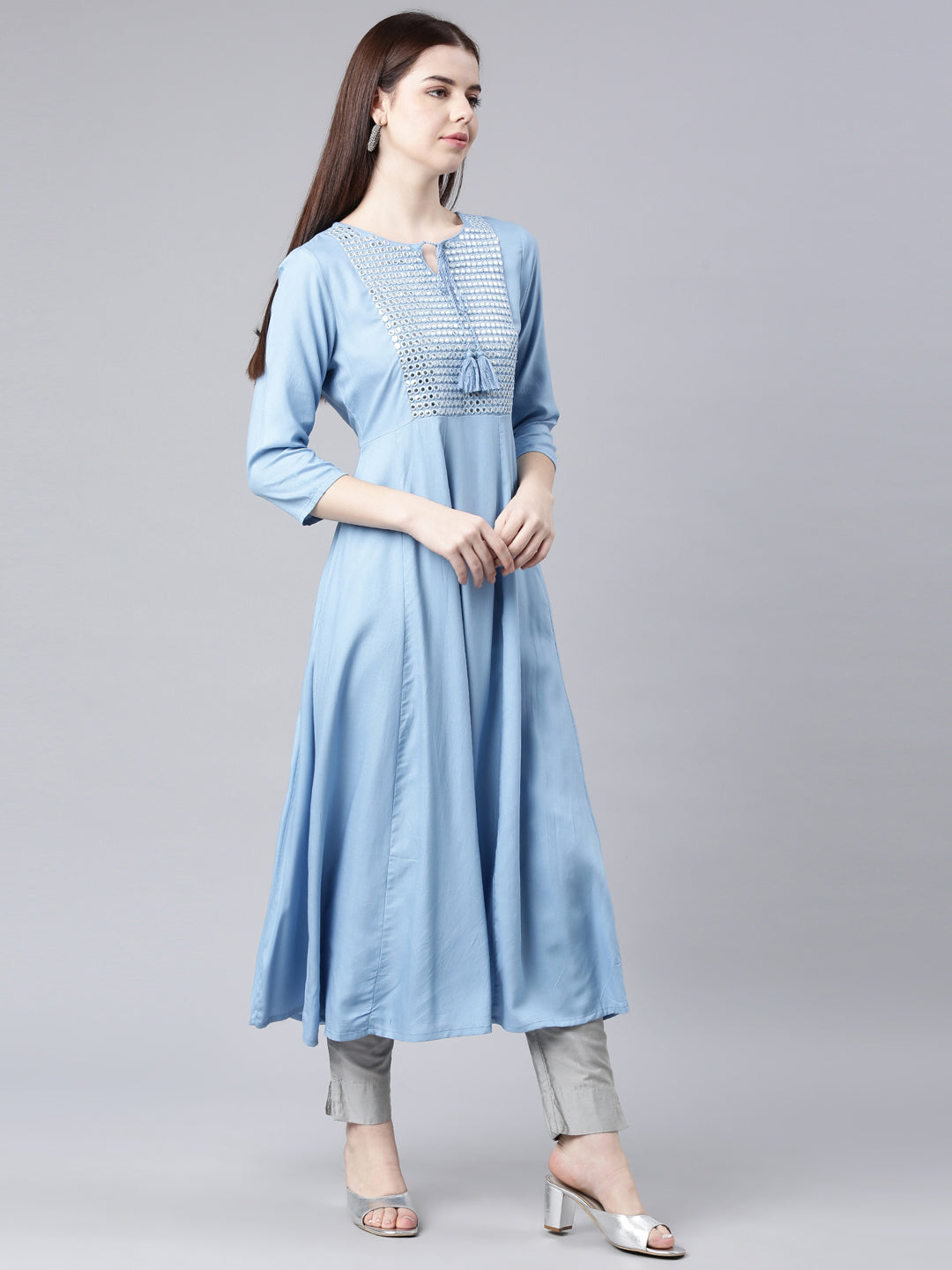 Neerus Blue anarkali kurta solid casual kurti - side view