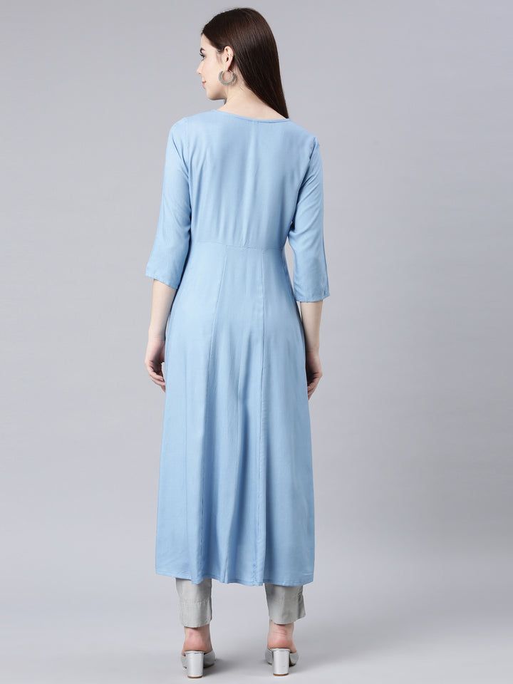 Neerus Blue anarkali kurta solid casual kurti - detail view 1
