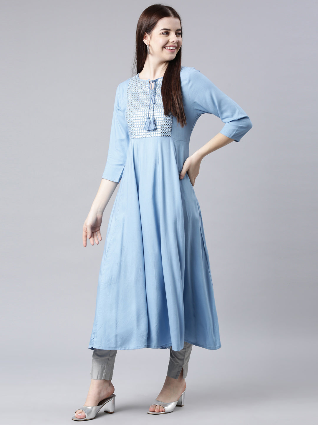 Neerus Blue anarkali kurta solid casual kurti - detail view 4