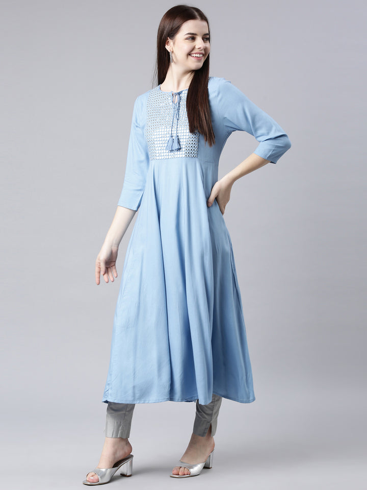 Neerus Blue anarkali kurta solid casual kurti - detail view 4