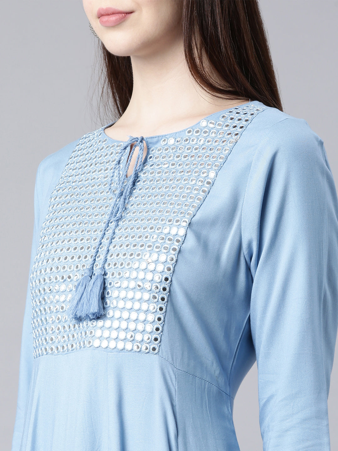 Neerus Blue anarkali kurta solid casual kurti - detail view 2