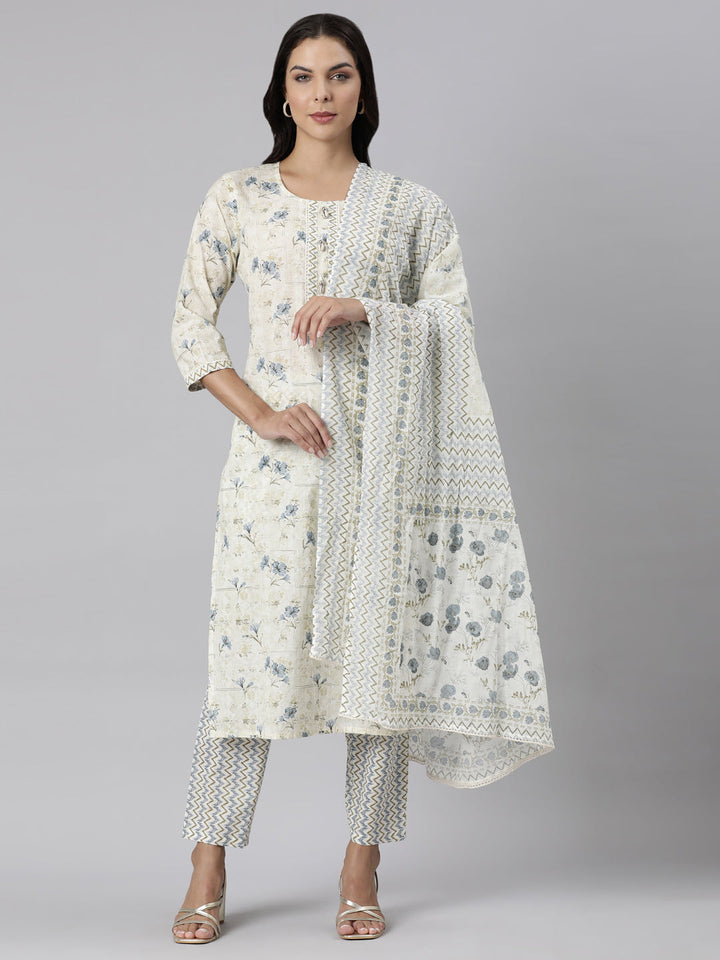 Neerus White printed straight suit set panelled kurta with trouser and dupatta - front view