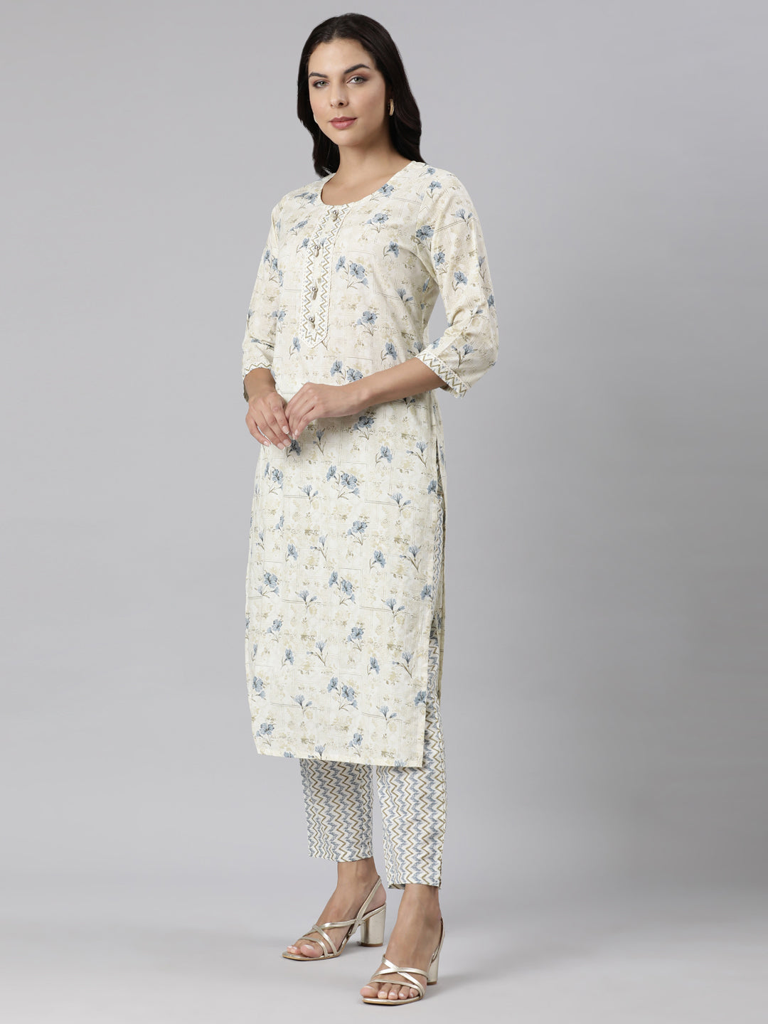 Neerus White printed straight suit set panelled kurta with trouser and dupatta - back view