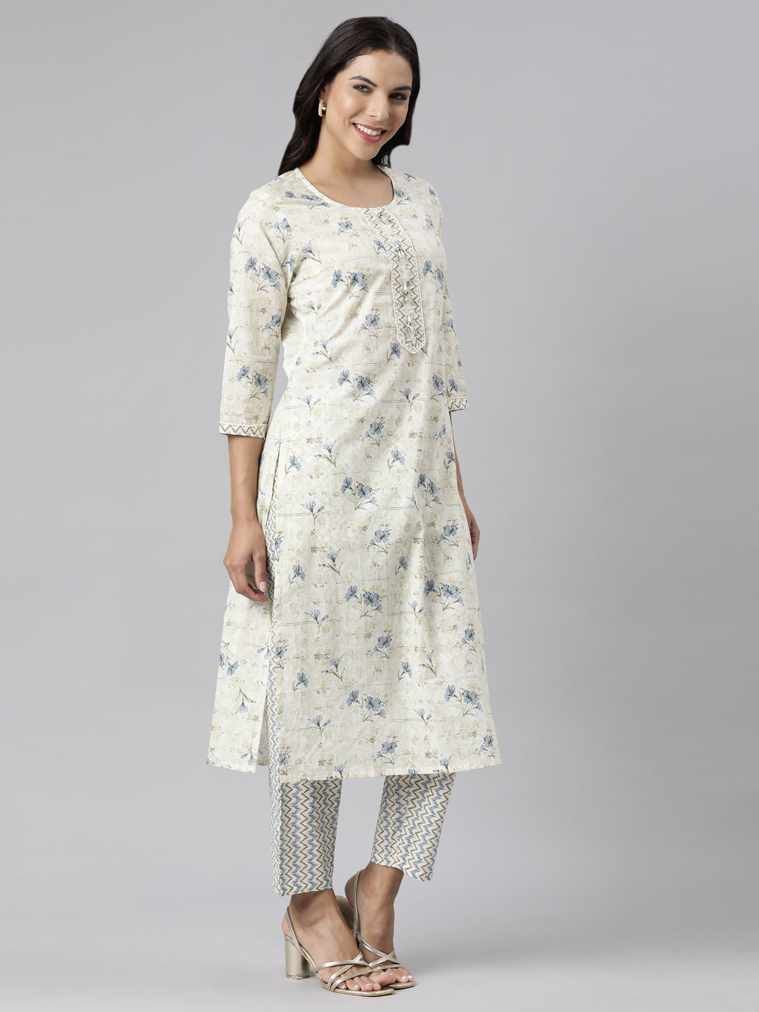 Neerus White printed straight suit set panelled kurta with trouser and dupatta - side view