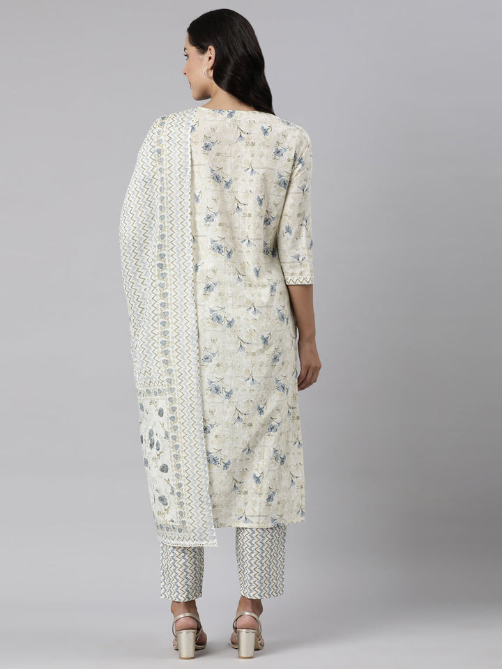 Neerus White printed straight suit set panelled kurta with trouser and dupatta - detail view 1