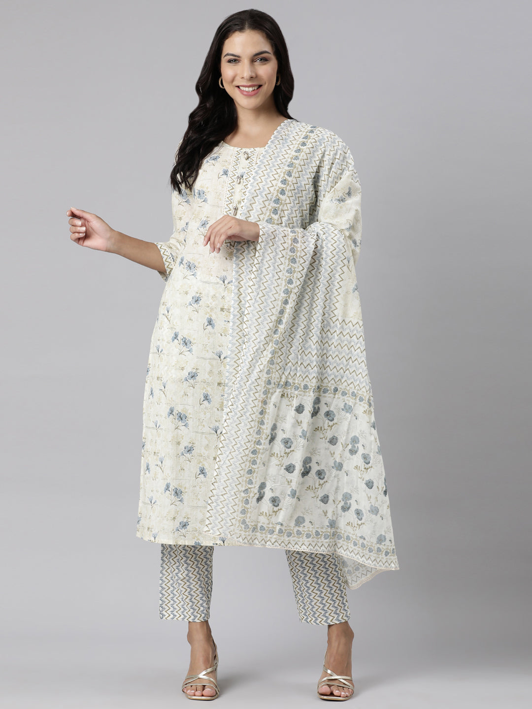 Neerus White printed straight suit set panelled kurta with trouser and dupatta - detail view 3