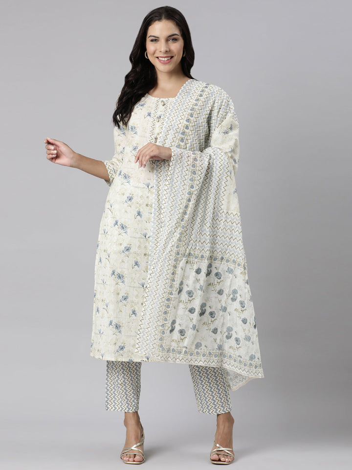 Neerus White printed straight suit set panelled kurta with trouser and dupatta - detail view 3