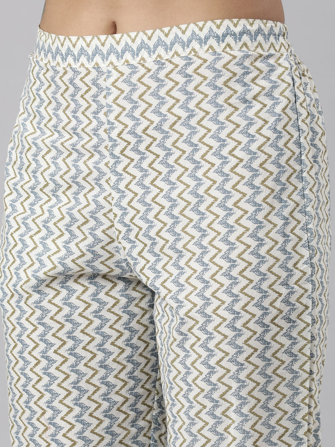 Neerus White printed straight suit set panelled kurta with trouser and dupatta - detail view 4