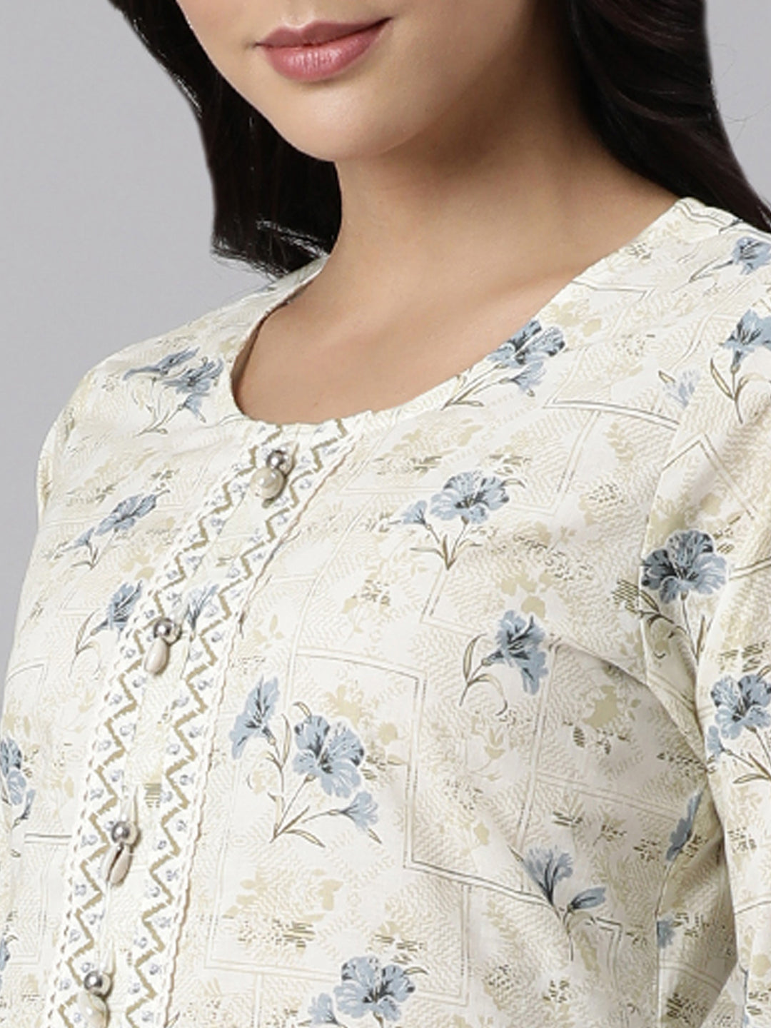 Neerus White printed straight suit set panelled kurta with trouser and dupatta - detail view 2