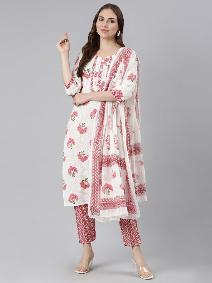 Neerus Pink Regular Straight Embroidered Kurta and Trousers