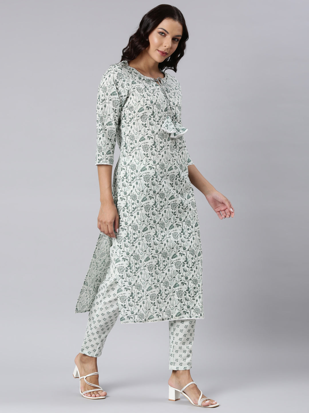 Neerus Green printed straight kurta suit set - side view