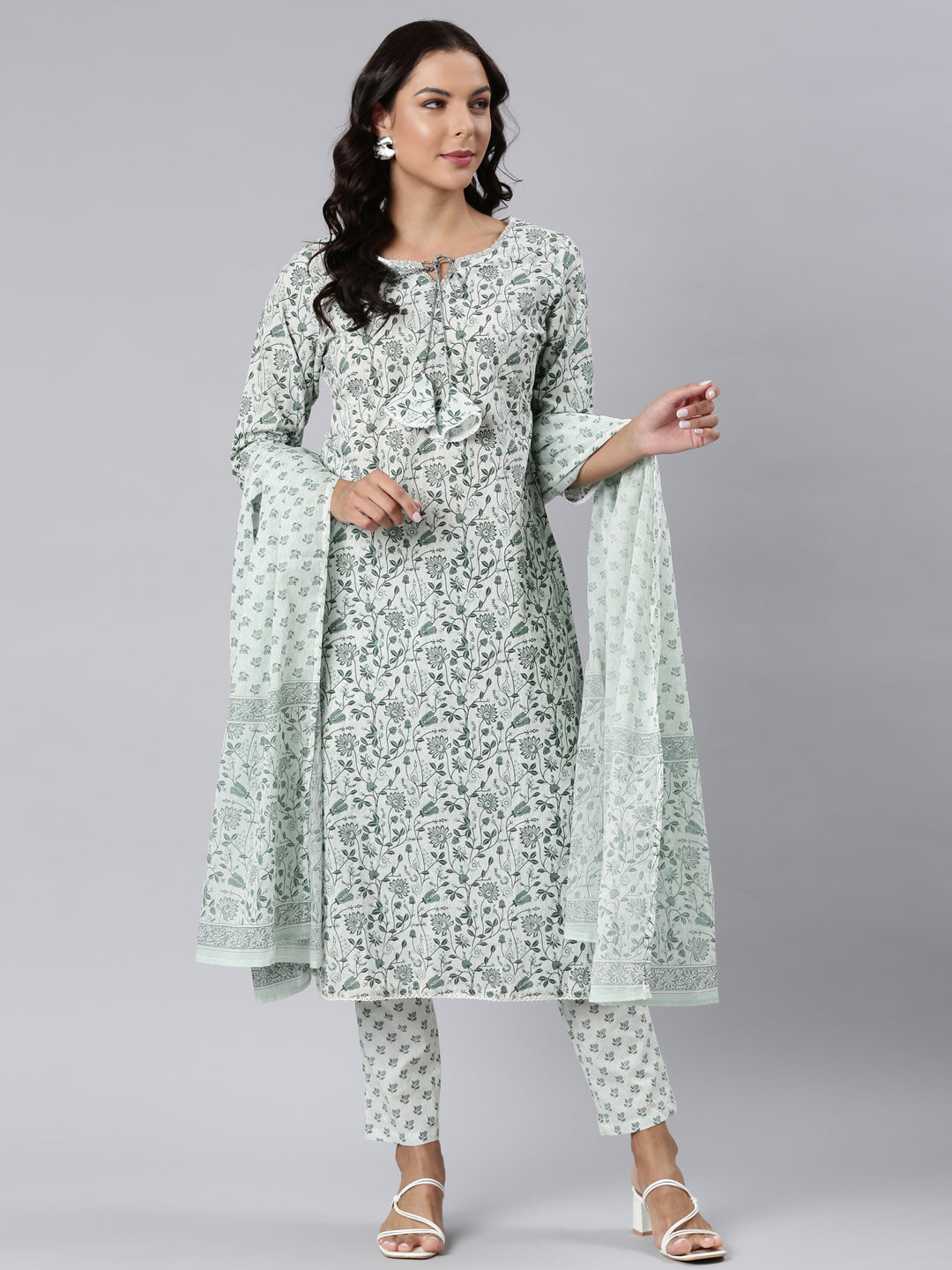 Neerus Green printed straight kurta suit set - front view