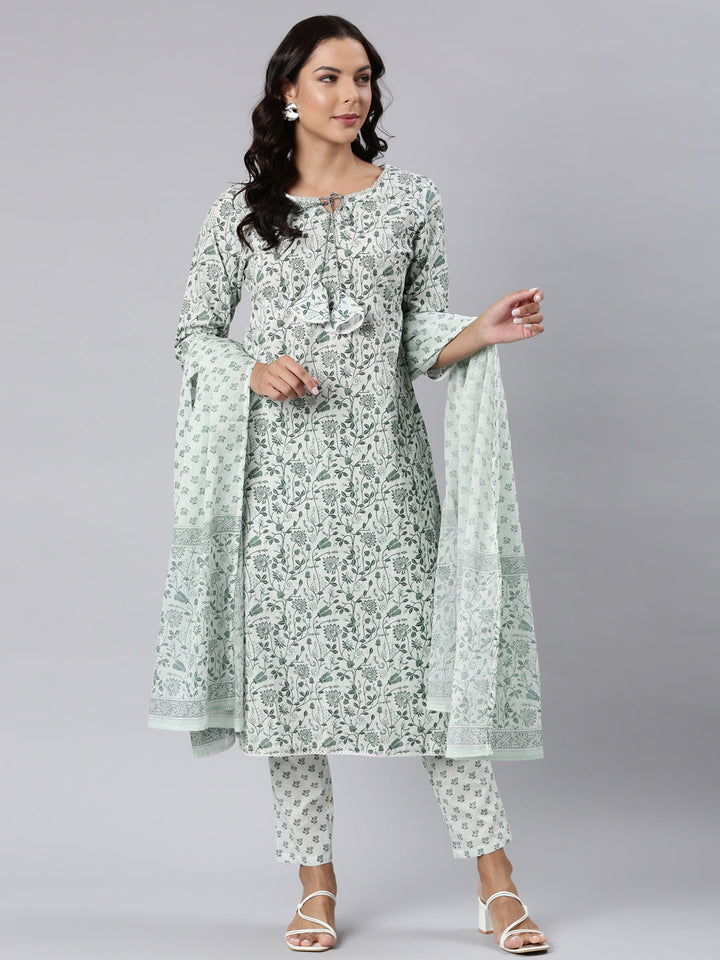 Neerus Green printed straight kurta suit set - front view