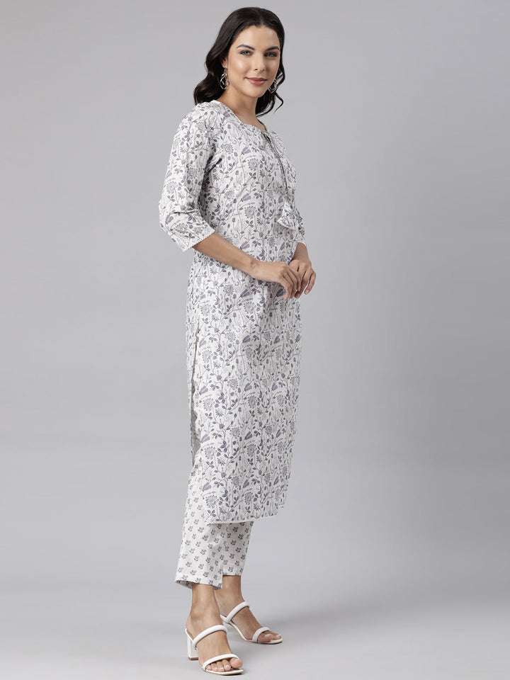 Neerus Grey Panelled Straight Printed Kurta And Trousers With Dupatta
