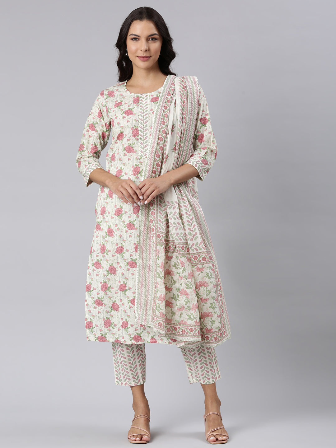 Neerus Pink printed straight suit set panelled kurta with trouser and dupatta - front view