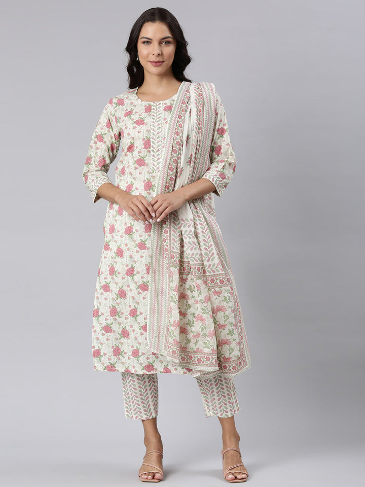 Neerus Pink printed straight suit set panelled kurta with trouser and dupatta - front view