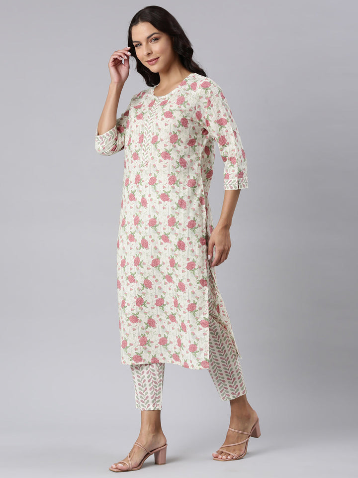 Neerus Pink printed straight suit set panelled kurta with trouser and dupatta - back view