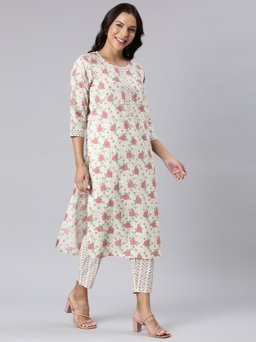 Neerus Pink printed straight suit set panelled kurta with trouser and dupatta - side view