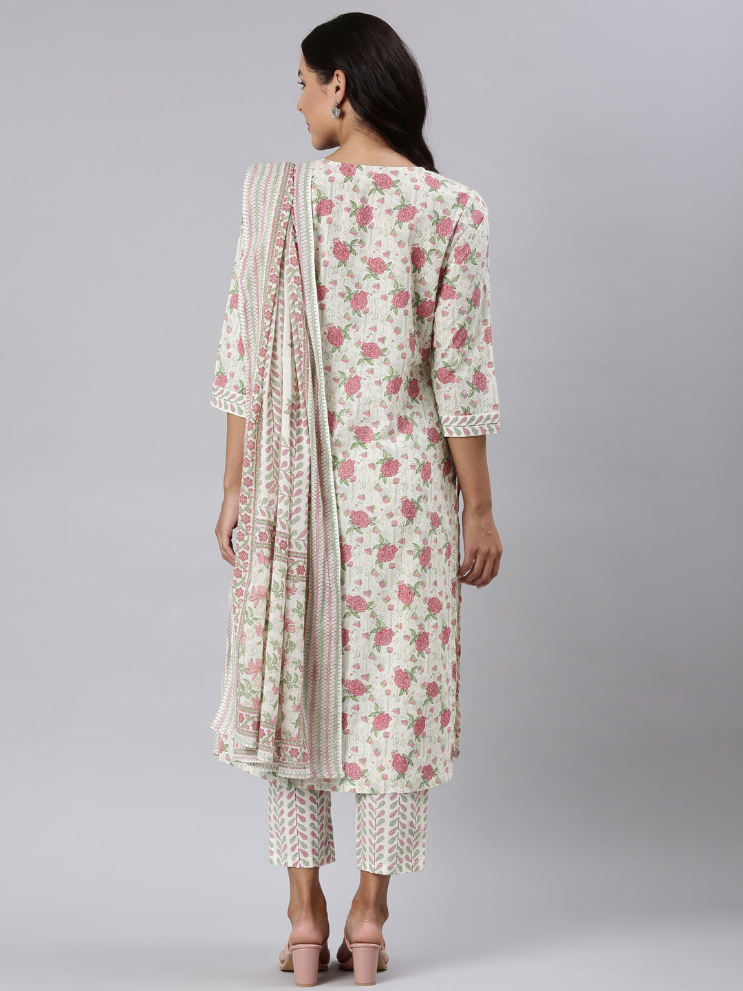 Neerus Pink printed straight suit set panelled kurta with trouser and dupatta - detail view 1