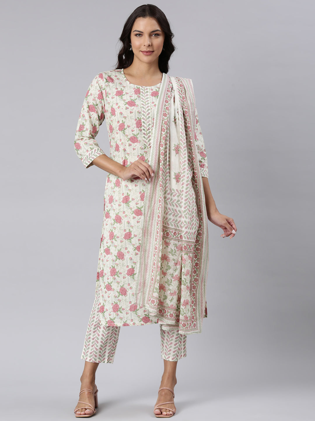 Neerus Pink printed straight suit set panelled kurta with trouser and dupatta - detail view 3