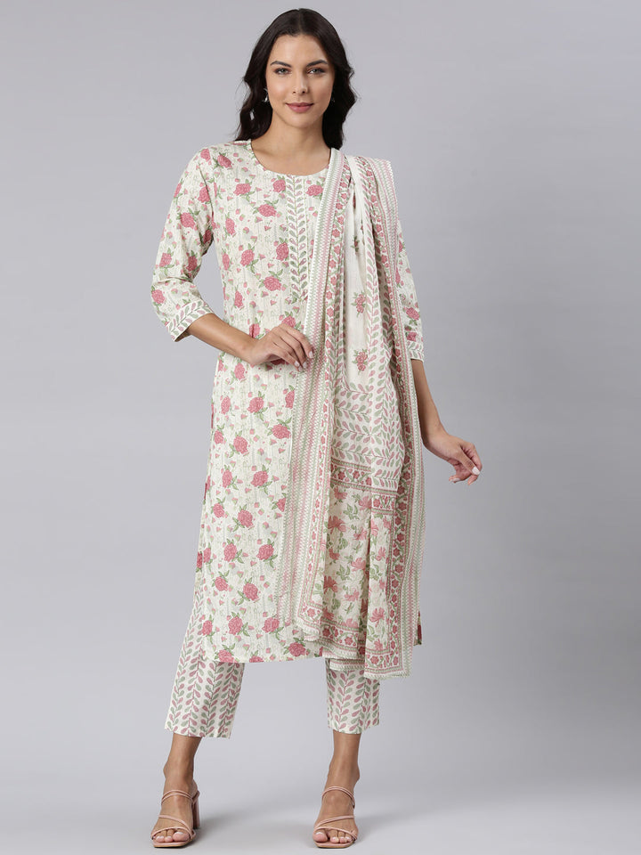 Neerus Pink printed straight suit set panelled kurta with trouser and dupatta - detail view 3