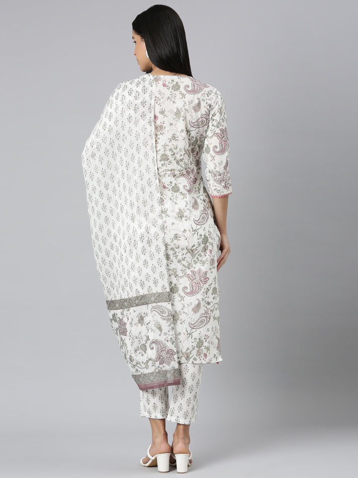 Neerus Lavender Regular Straight Printed Kurta and Trousers With Dupatta
