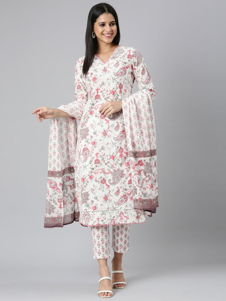 Neerus Red printed straight suit set kurta trouser dupatta - front view