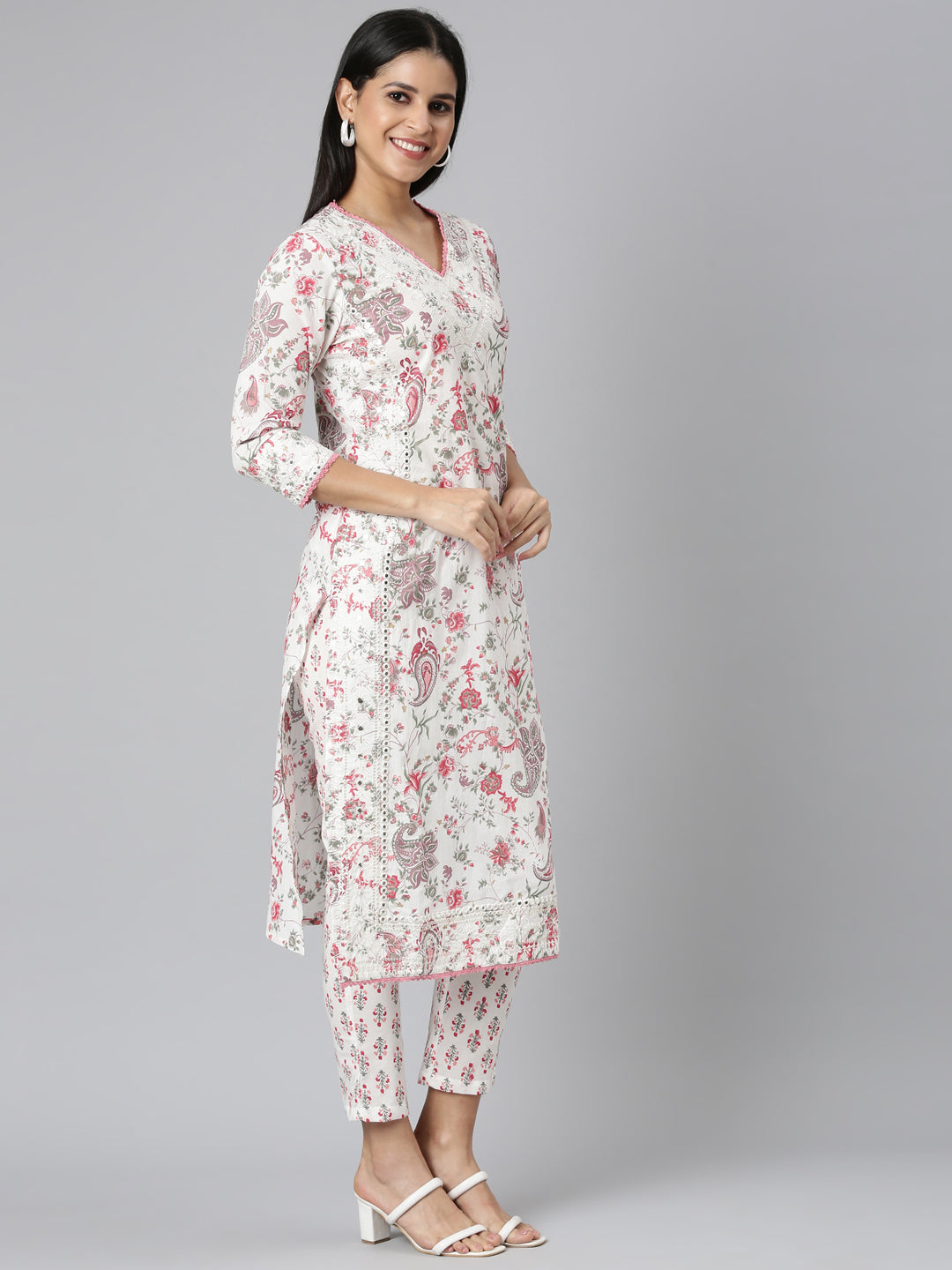Neerus Red printed straight suit set kurta trouser dupatta - back view