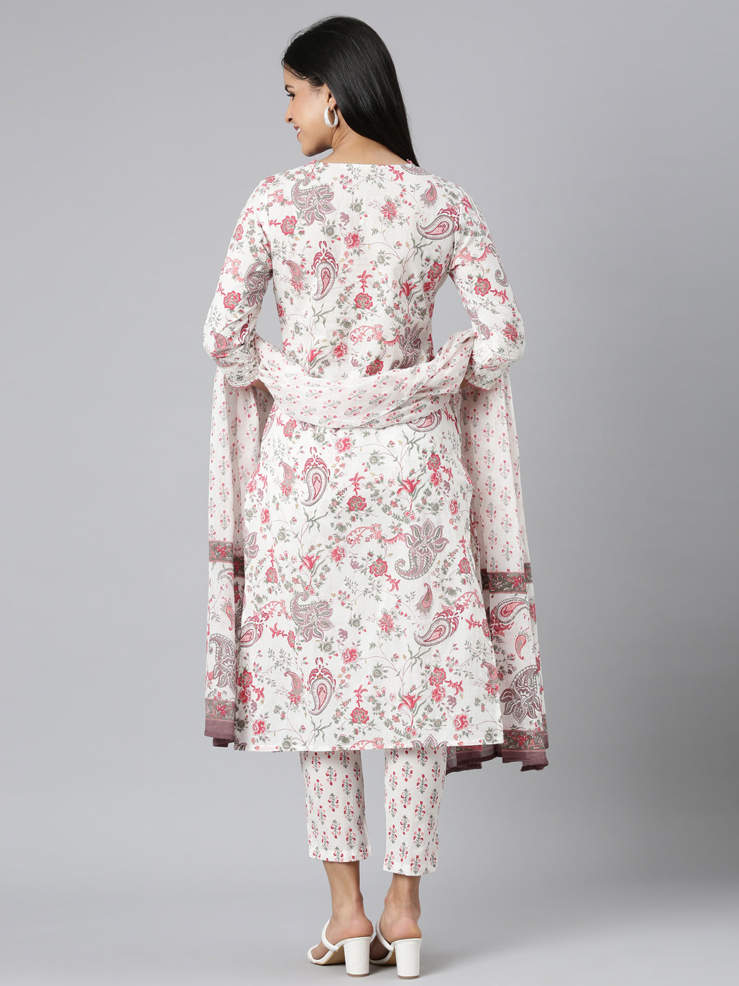 Neerus Red printed straight suit set kurta trouser dupatta - side view