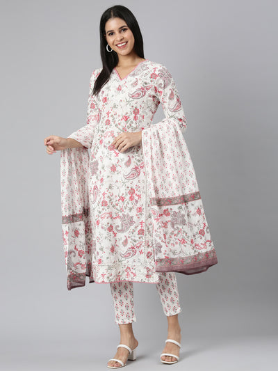 Neerus Red Regular Straight Printed Kurta and Trousers With Dupatta