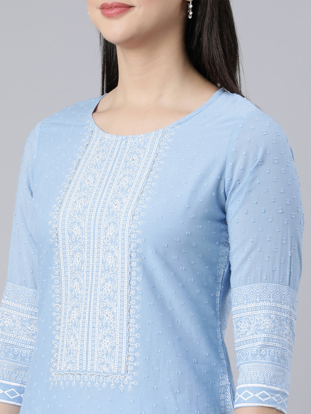 Neerus Blue cotton printed straight suit set - detail view 2