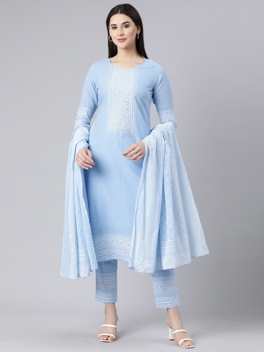 Neerus Blue cotton printed straight suit set - front view