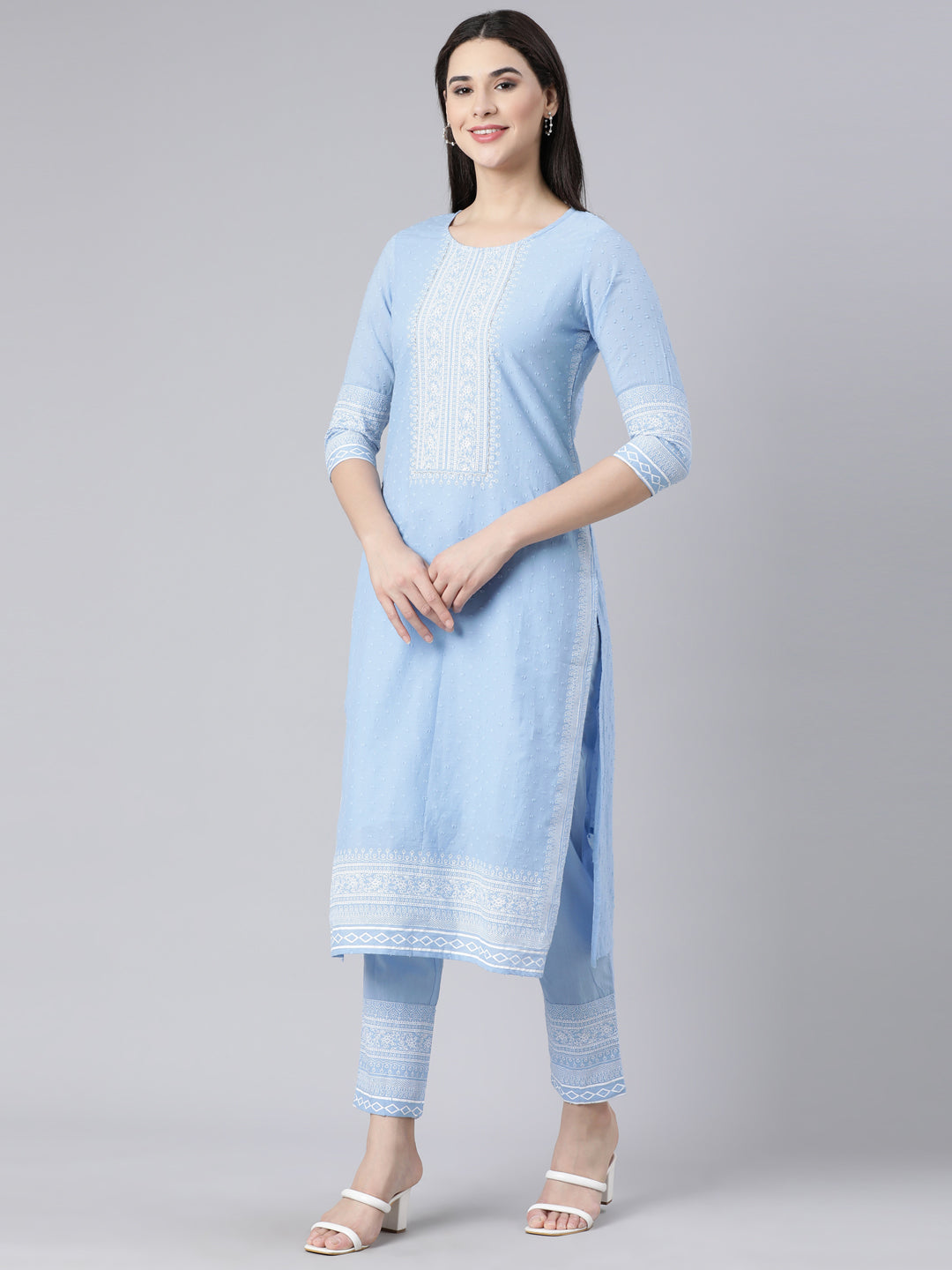 Neerus Blue cotton printed straight suit set - back view