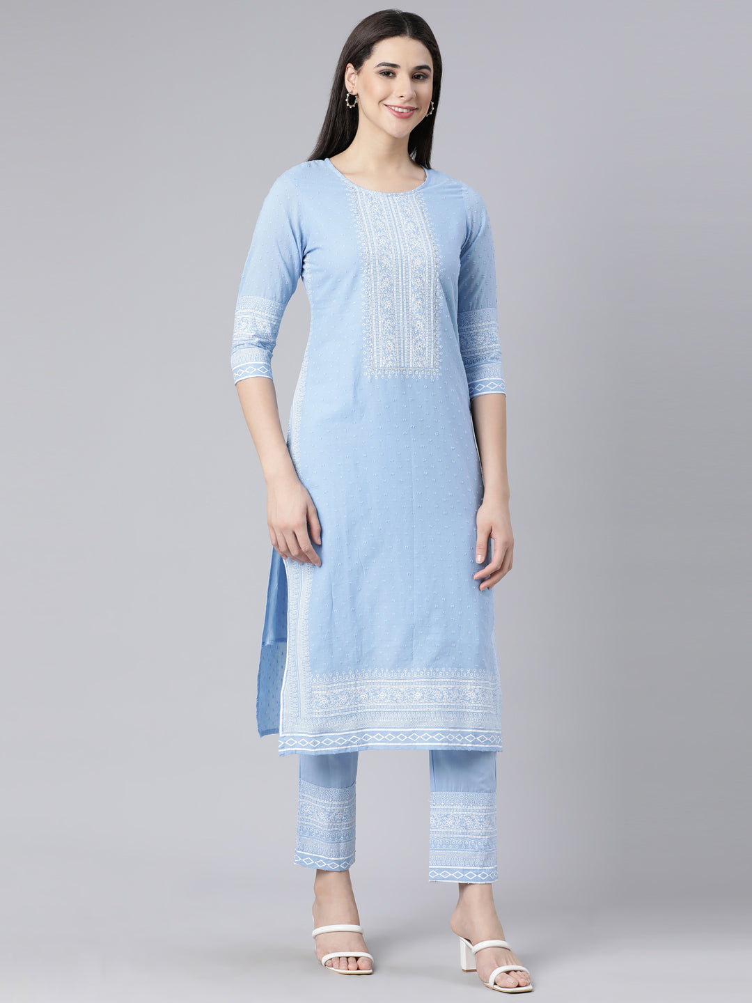 Neerus Blue cotton printed straight suit set - side view